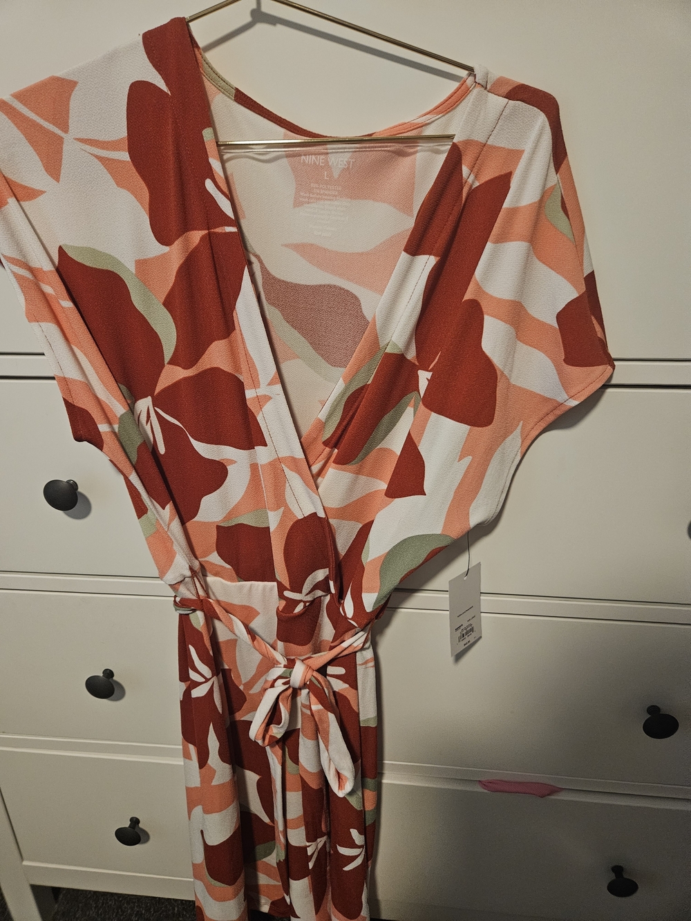 Nine West Orange & Cream Floral Wrap Dress